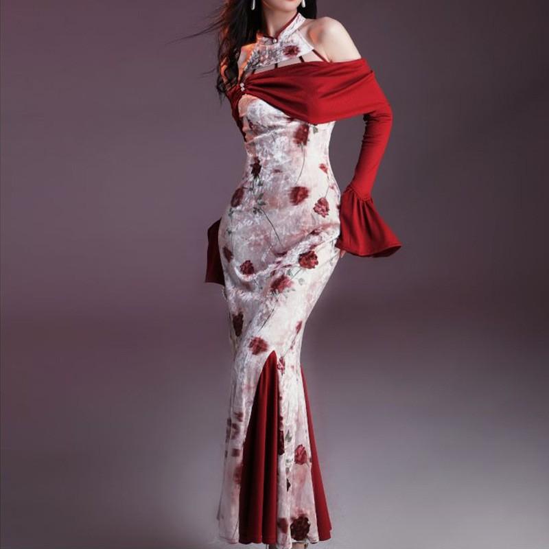 New Chinese Style Vintage Improved Cheongsam Halter Velvet Printed Dress Women Mermaid Bodycon Long