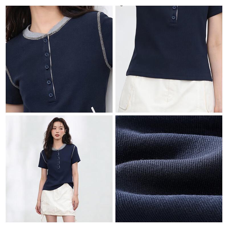 MJ STYLE Contrast Henley Collar Short Sleeve T-Shirt