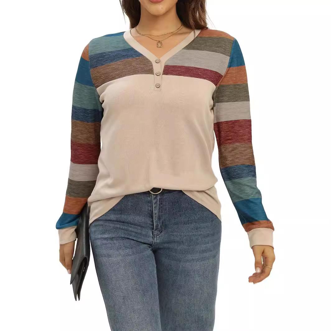 

Женская футболка больших размеров в полоску, с пэчворком, V-образным вырезом и длинными рукавами, для весны и осени 1XL хаки