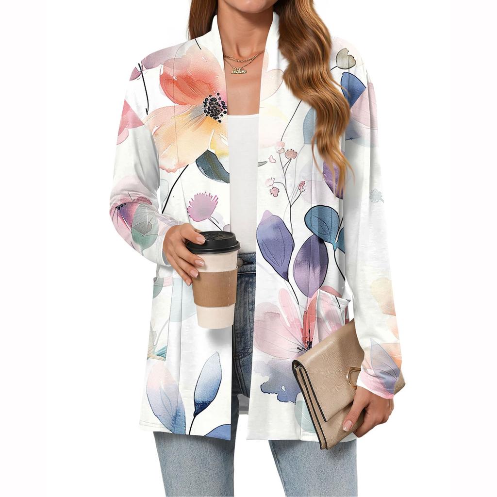 Damenmode Lässiger Langarm-Cardigan Dünne Lockere Cardigan-Jacke mit Taschen