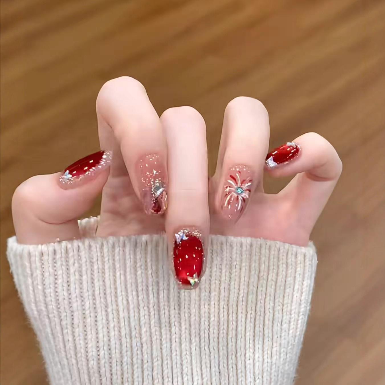 Red Fireworks Cat s Eye Nail Tips: Semi-Handmade, Wearable Whitening Nails Bagged S