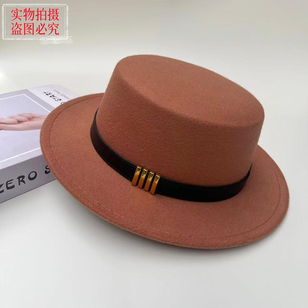New Belt Buckle Woolen Hat British Retro Autumn and Winter Hat Men's and Women's Trendy Versatile Wide-brimmed Flat Top Top Top Hat