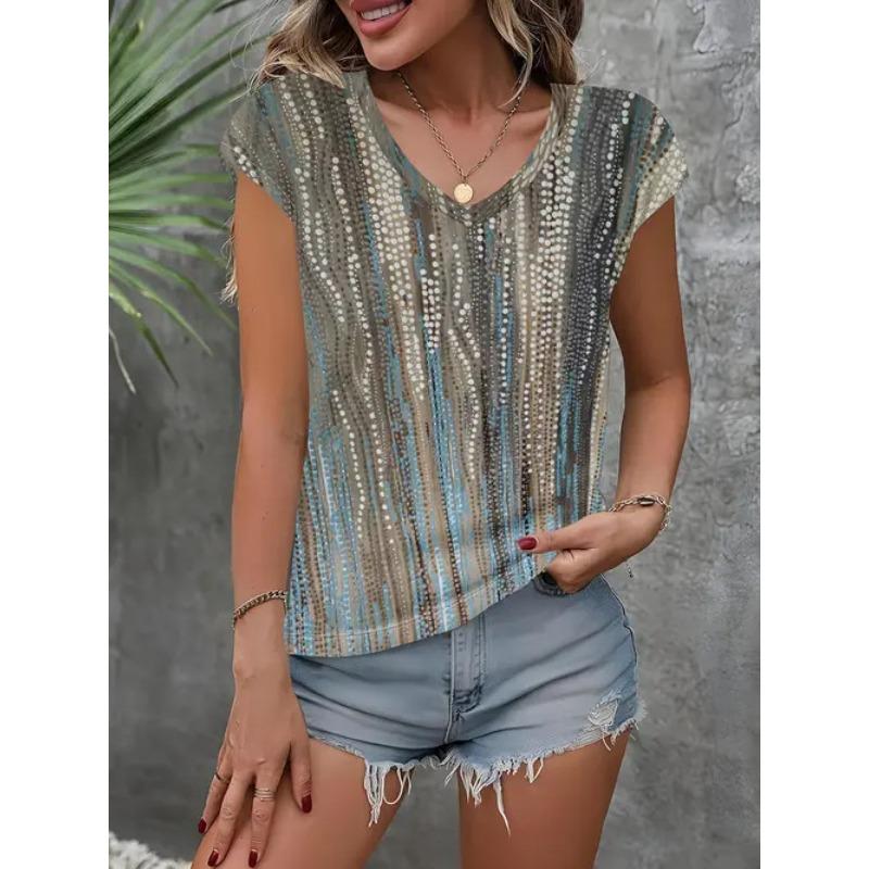 

Летняя новая женская футболка в стиле ретро с полосатым 3D колор-блоком, V-образным вырезом и узкими рукавами 5XL