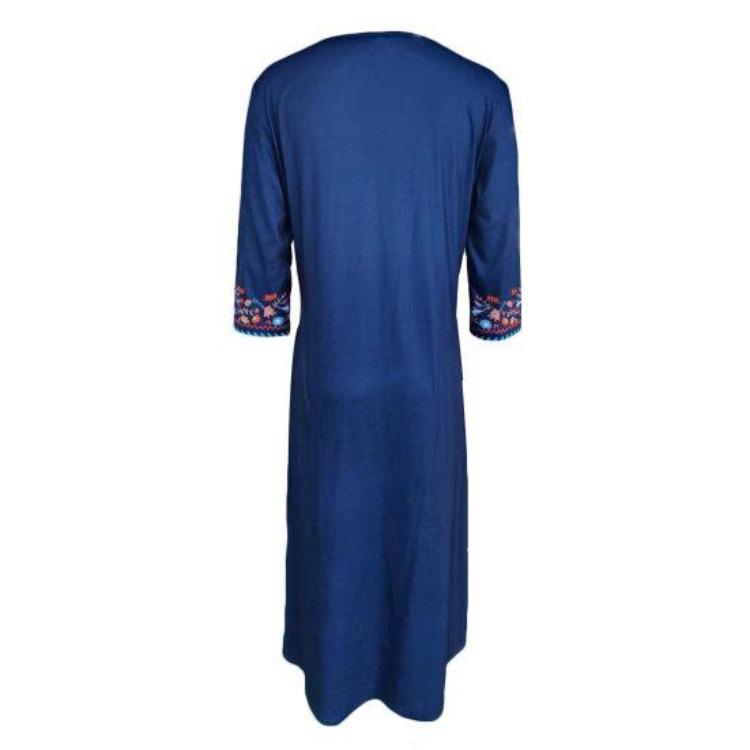Plus Size Lady Dress V Neck Three Quarter Sleeves Bohemian Sexy A Line Loose Hem Pockets Retro Ethnic Style Print