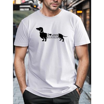 T-shirt a maniche corte da uomo taglie forti con stampa I Love Dachshund, Comodi top casual elastici con scollo rotondo, Abbigliamento da uomo