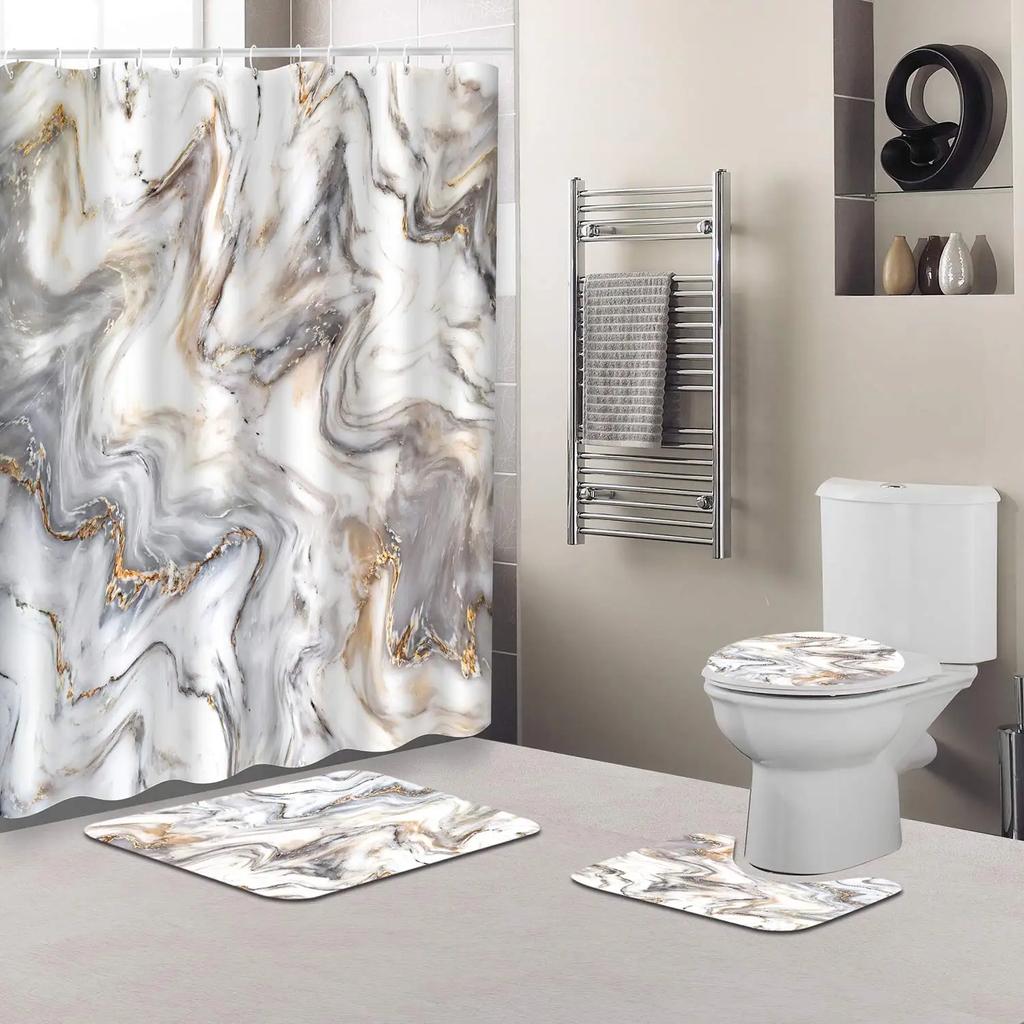 Watercolor Multi-Color Flowers Shower Curtain Sets Non-Slip Rug Toilet Lid Cover Bath Mat Waterproof Abstract Bathroom Curtains