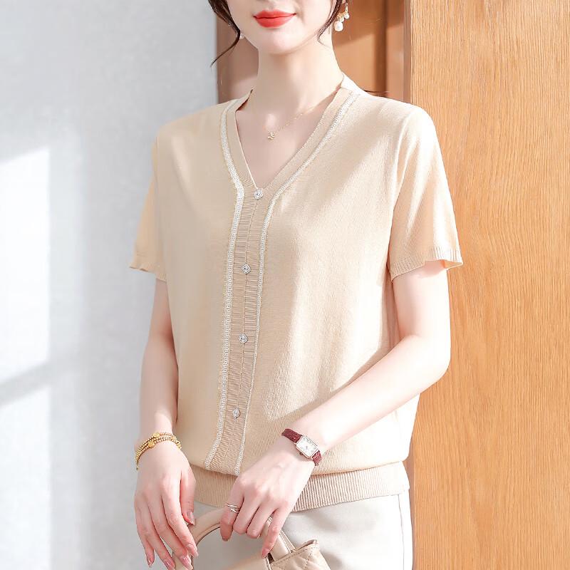 XUEXI Women's V-Neck Knit Short-Sleeve T-shirt