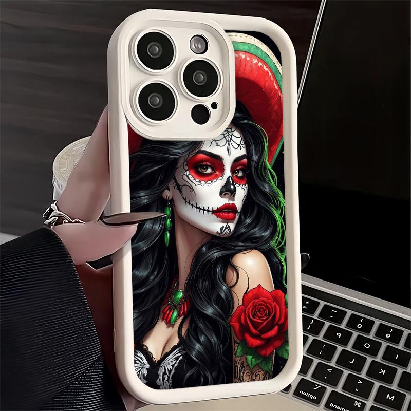 Phone Case for iPhone 17 Air 16E 15 16 Pro Max Catrina Beautiful Rose Girl Skull Cover 14 Plus 13 12 Mini Soft Shell Silicone Fu