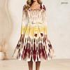 Women Plus Size Scalloped Square Neck Long Sleeve Printed Tie Waist A Line Dress