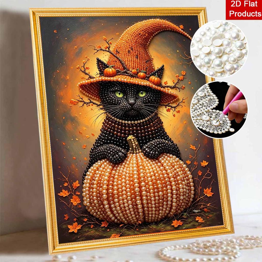 Halloween Pearl Painting Art Kit Black Cat with Pumpkin Handmade Diy Home Decorations