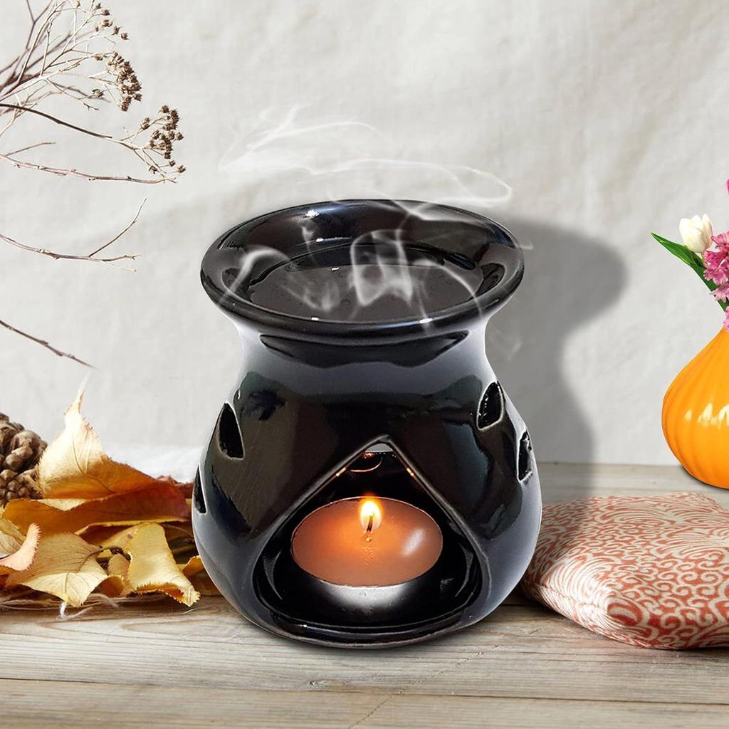 Ceramic Clay Candle Operated Aroma Burner (Black; 9 Cm)