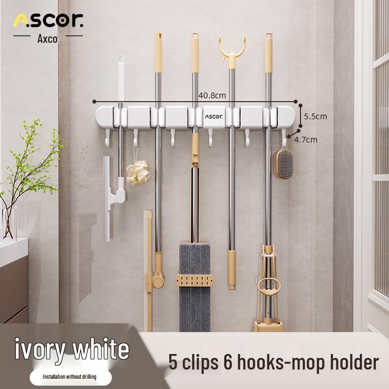 Wieszak ścienny na miotłę i mop: Rozwiązanie do zawieszania bez wiercenia na drzwiach łazienkowych lub toaletowych.