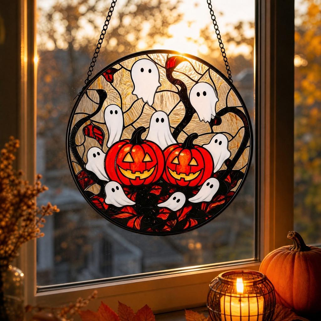 15 Inch Halloween Pumpkin Stained Glass Round Painted Glass Hanging Ornament for Window Holiday Decor