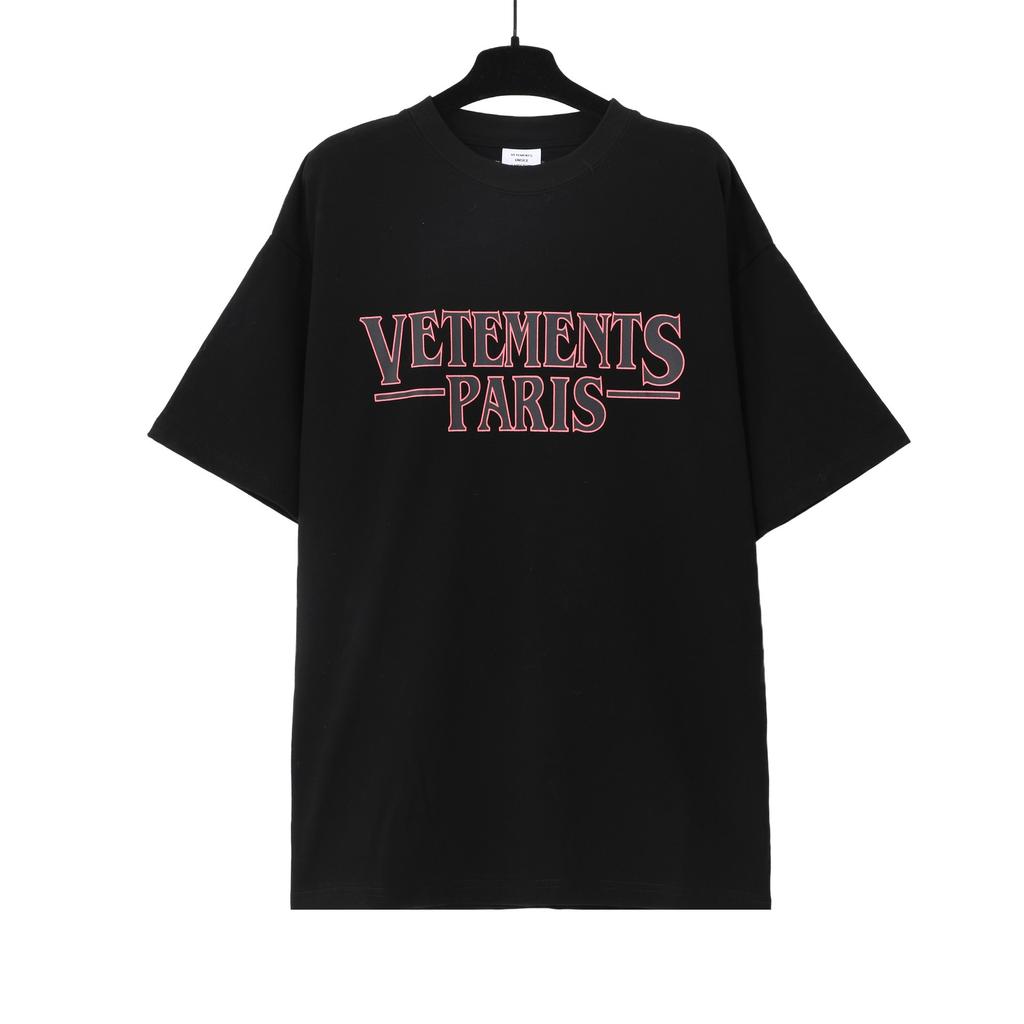 T-shirt in cotone puro a doppia filatura, lavata e invecchiata, con stampa di lettere Vetements, versione alta transfrontaliera, per uomo e donna