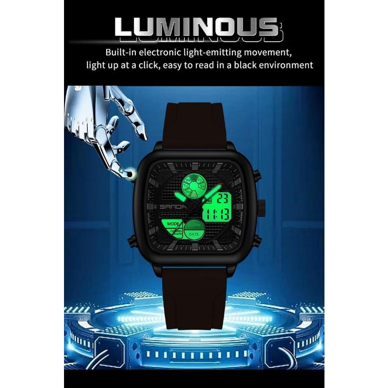 SANDA Retro Square Double Display Electronic Watch Night Light Waterproof Business Leisure Men's Watches Sports Silicone Strap Wristwatch