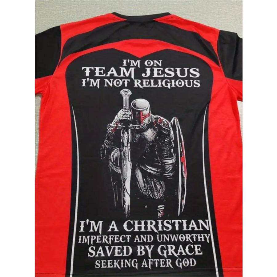 Christian Slogan And Knight Grafický potisk Pánský kreativní top, ležérní košile Crew Krk s krátkým rukávem Mírně strečové tričko pro letní outdoorové aktivity