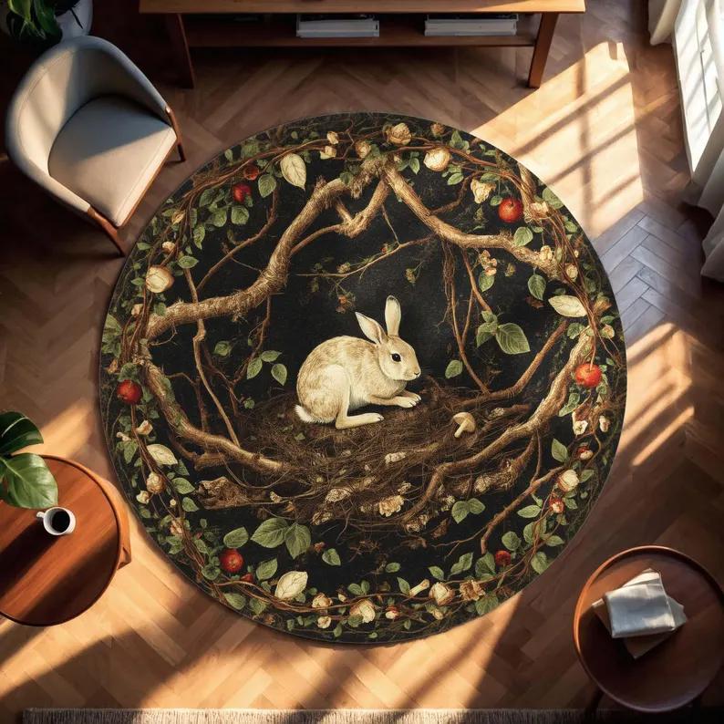 

Navy Blue Round Rabbit Moonlit Rug Botanical Mushroom Rug Boho Nursery Decor Witchy Floor Mat for Bedroom Living Room Easter 80cm x 80cm