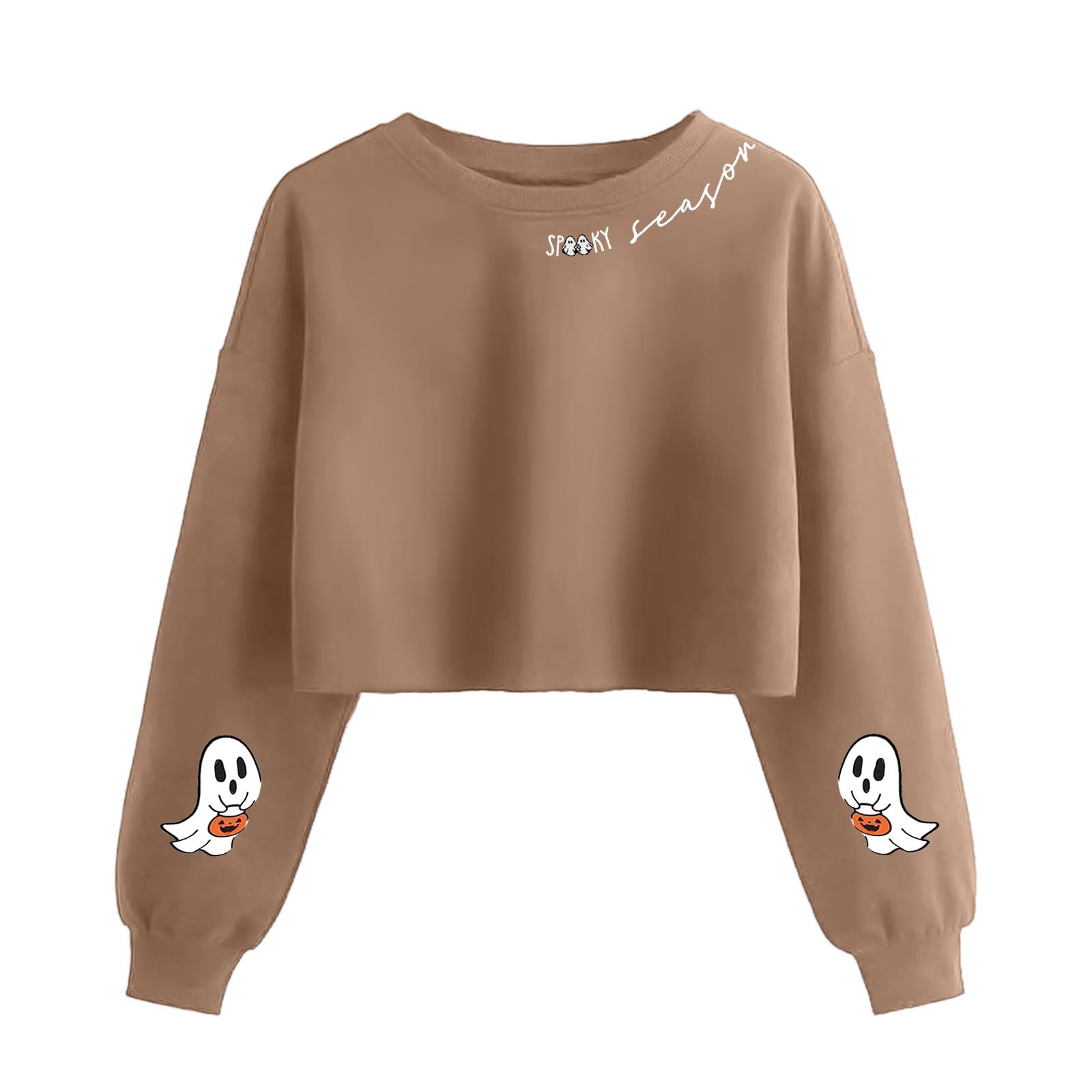 

Женский модный пуловер с длинными рукавами и жутким принтом на Хэллоуин, открывающий живот M кофейный