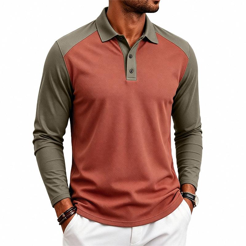 Herren American Style Lockerer Farbblock Casual Umlegekragen Langarm Golf Poloshirt