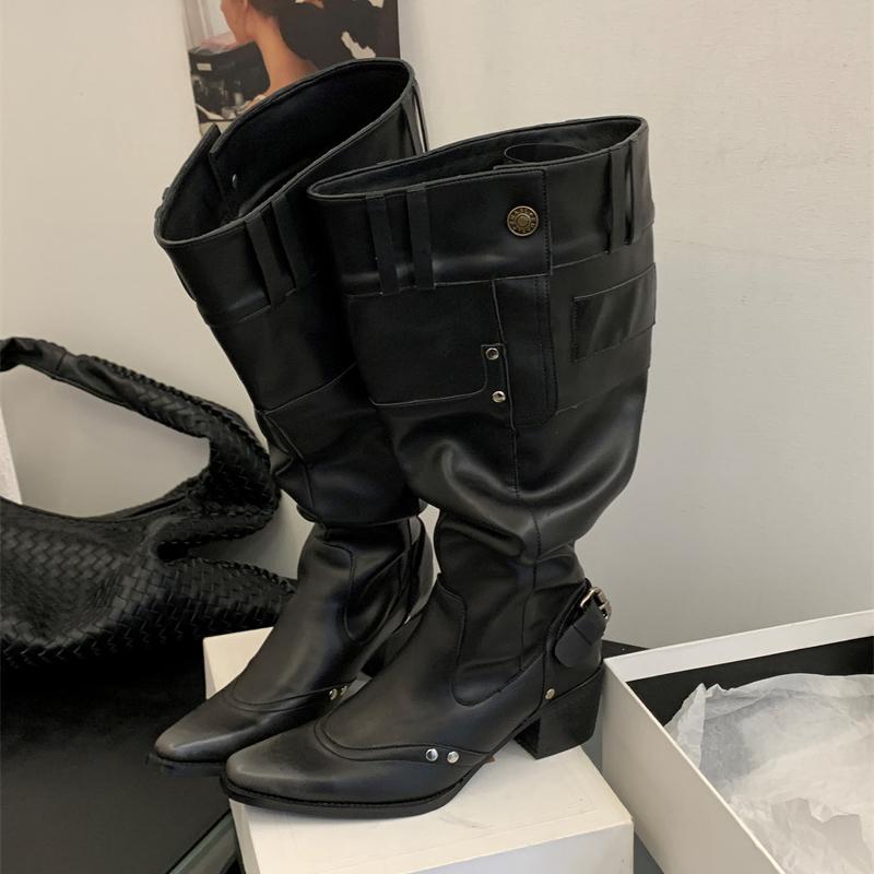 

Fashion Eilyken 2025 New Fashion Pointed Toe Women Knee-High Boots Design Button Strap Square Low Heels Party Dress Shoes 35 чёрный