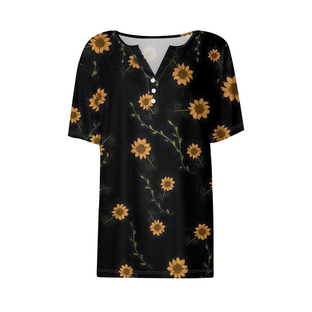 T-tröja för kvinnor med kortärmad knapptryckning för daglig helgmode Basic V-hals vanlig topp