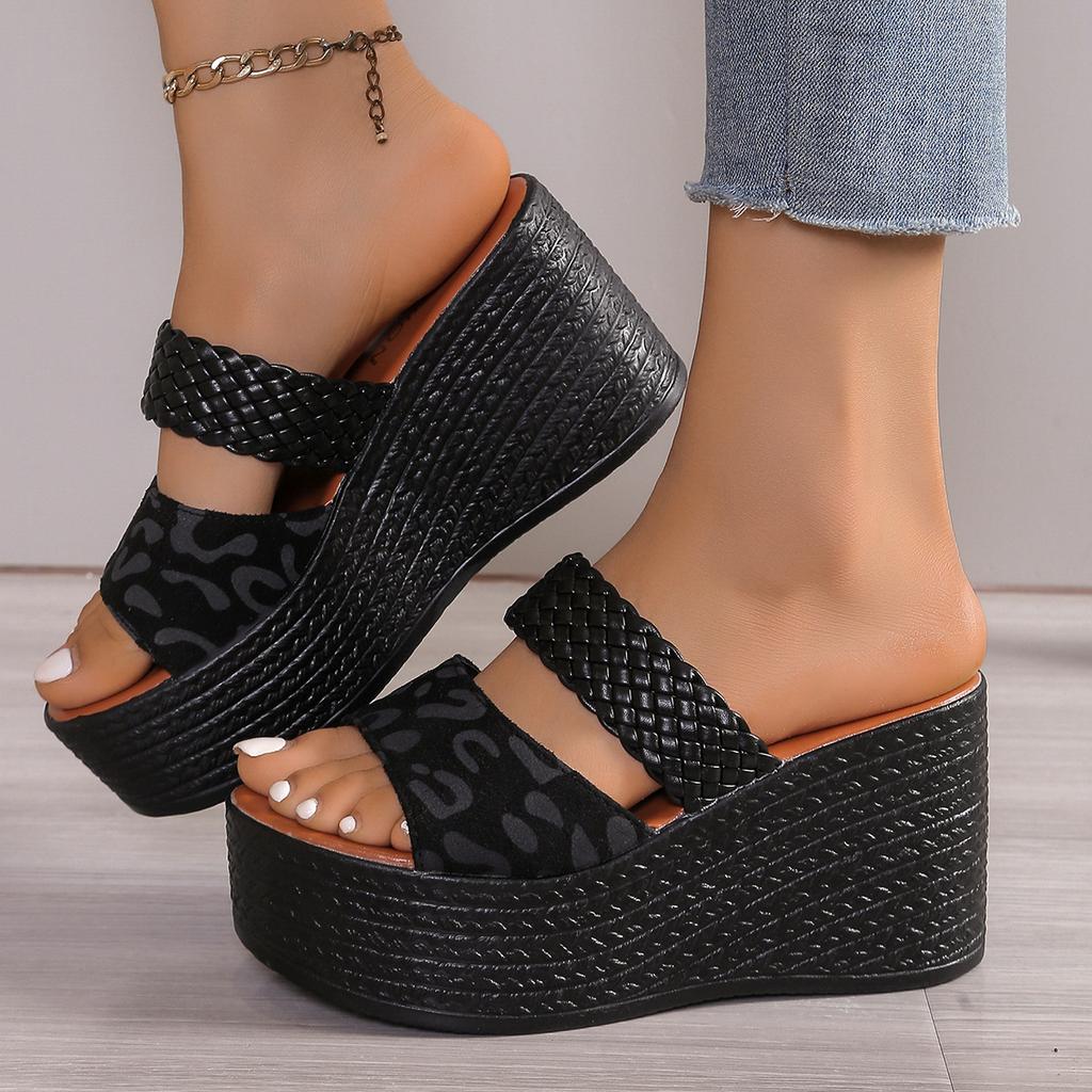 Leopard Print Open-Toe Platform Slippers for Women, Plus Size Thick-Soled Slippers