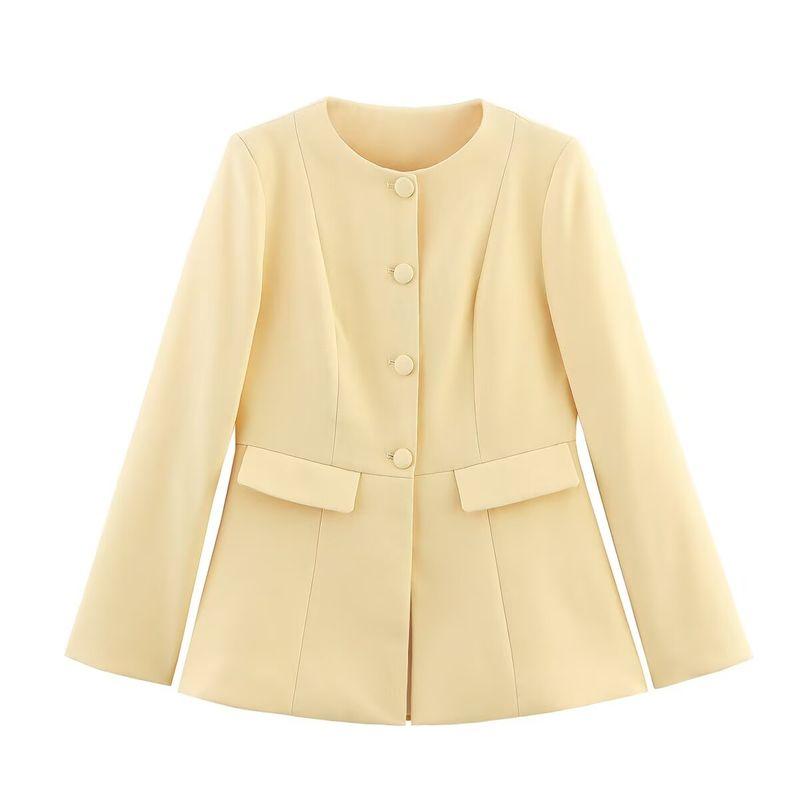 Kaslead New Women clothes Western Style Fashion Simple and Versatile Breasted round Neck Slim fit Outerwear