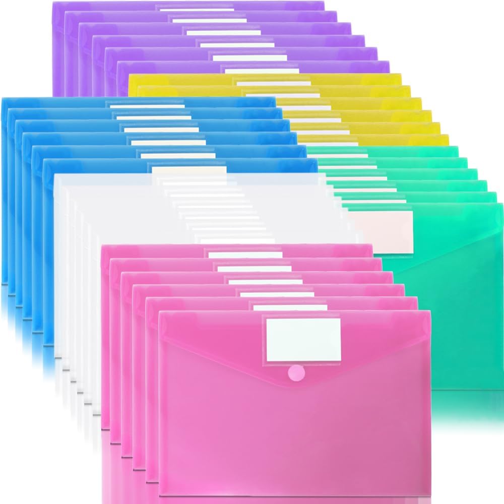 11 Pack Plastic Poly Filing Envelopes, Clear Document Folders US Letter A4 Size File Envelopes with Label Pocket & Paste Button for School Home Work