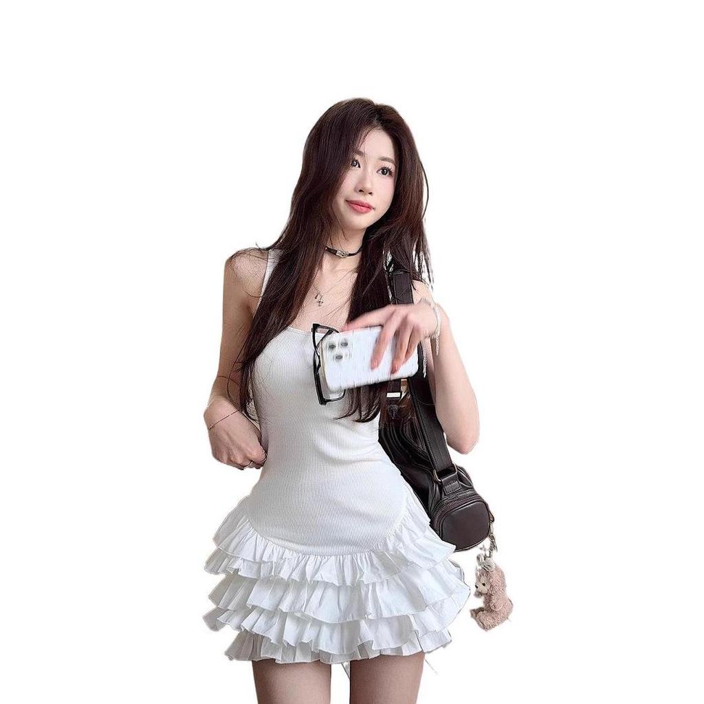Elegant White Spaghetti Strap Dress - Ruffle Design Slim Fit Ballet A-line Skirt for Summer