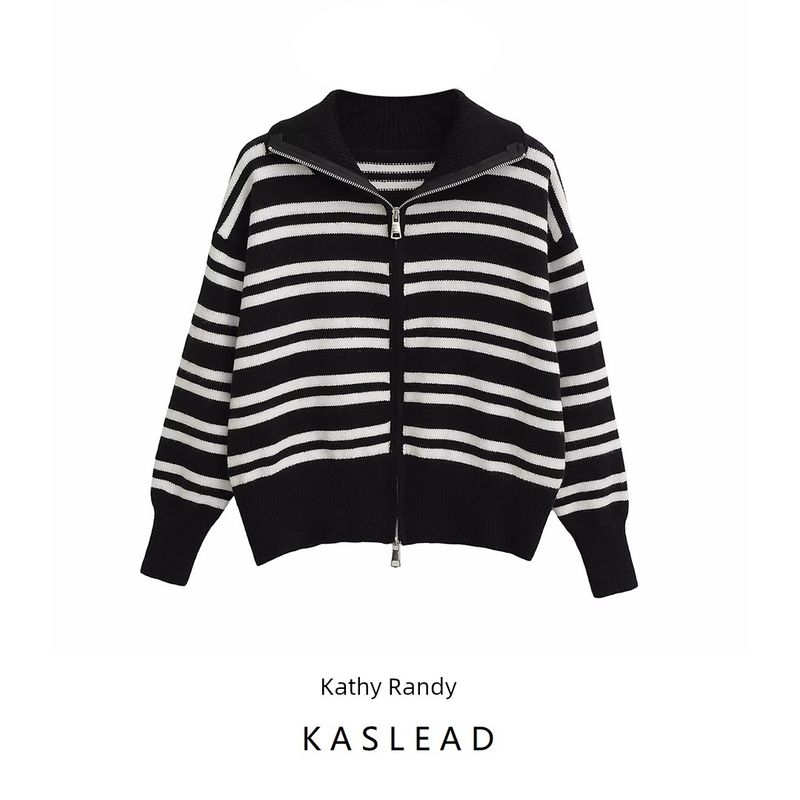 Kaslead New Women Clothes Western Style Fashion Long Sleeve Stripe Lapel Fashion Zipper Cardigan Outerwear