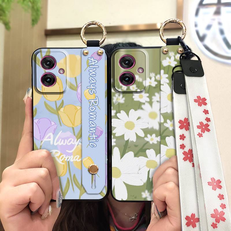 Soft case Wrist Strap Phone Case For MOTO G55 5G Oil Painting Flower Phone Holder Anti-dust Shockproof Lanyard Kickstand