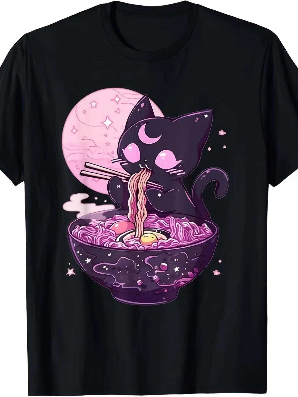 Pastel Goth Aesthetic Kawaii Creepy Cat Eating Ramen Noodles T-ShirtSame Style f M