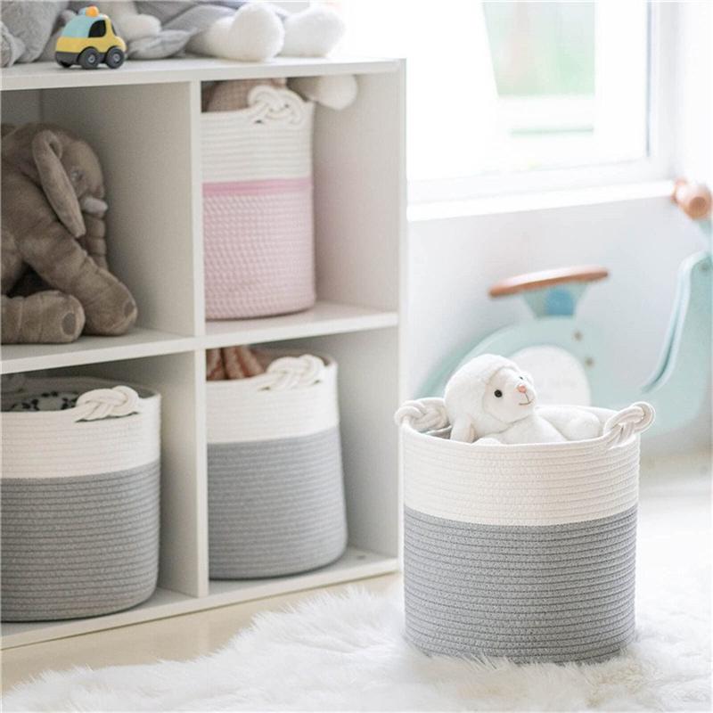 

AB-026 Color Splicing Cotton Rope Storage Basket Toys Clothes Sundries Storage Basket White+Light Grey