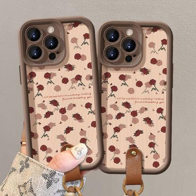 Full Screen Red Rose Lanyard Suitable for Apple 14 Mobile Phone Case Iphone15 Silicone Lambskin 14PRO Fine Hole