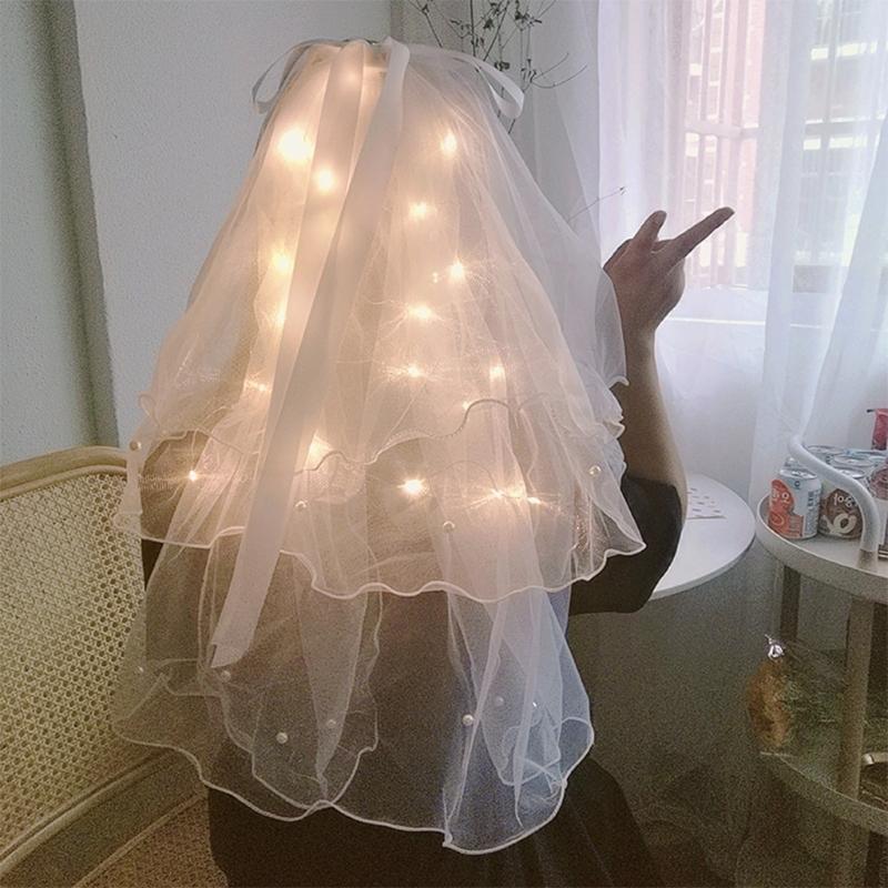 Hochzeit Schleier mit Clip/Kamm Haarschmuck für Bräute Mädchen Tüllschleier mit Rand und Lichterkette 8 Farben