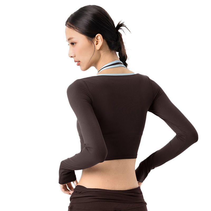 Export Fake Two-Piece Halterneck Long-Sleeved Fixed Cup Short Sports Tops Contrast Color Binding Easiest for Match Fitness Yoga Wear Women