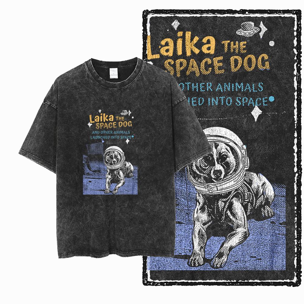 

DCA LAIKA DOG Printed Acid Washed Cotton Streetwear Exclusive Graphic Unisex T Shirt Cool Vintage Men Tshirts Tee for men 4XL