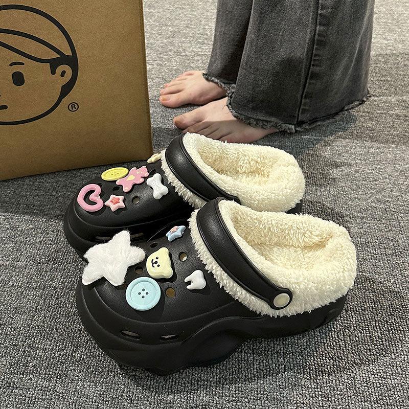 New velvet hole shoes women's winter non-slip outer wear cotton shoes heightened thick-soled home removable cotton slippers