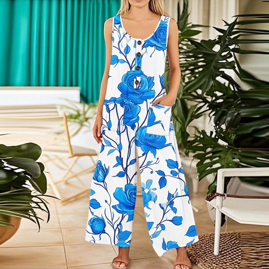 Women's Fashion Casual Button Sleeveless Jumpsuit Floral Flower Print Cotton Pocket Jumpsuit