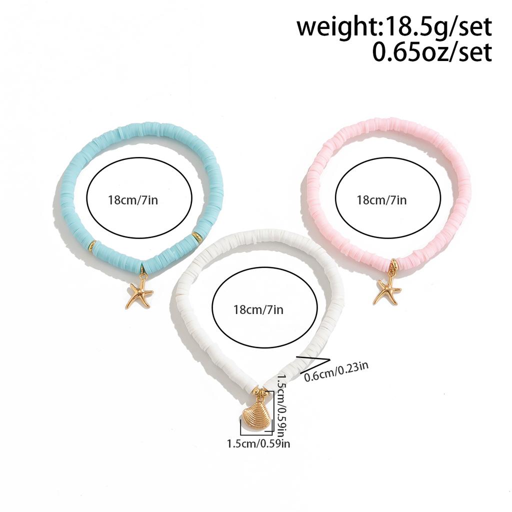 SHIXIN 3Pcs Bohemian Colorful Soft Pottery Beaded Bracelet Set for Women Beach Conch Starfish Charm Bangle Girls Fashion Jewelry
