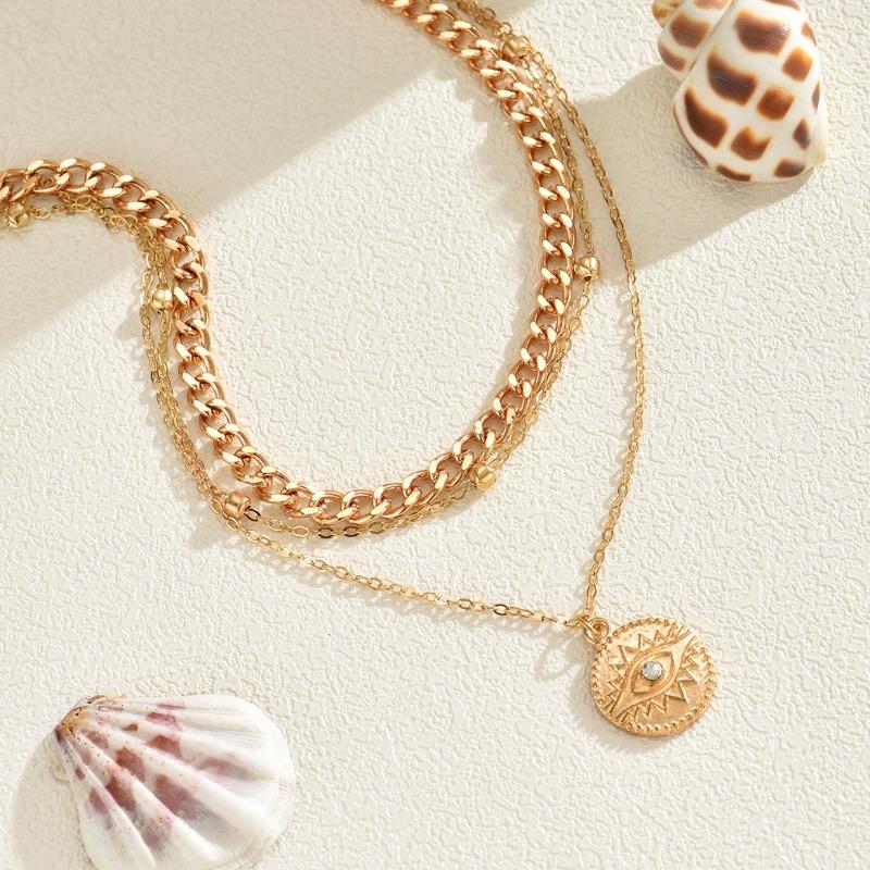 Fashion Demon's Eye Round Pendant Necklace Women's Thick Chain Coin Diamond Clavicle Chain