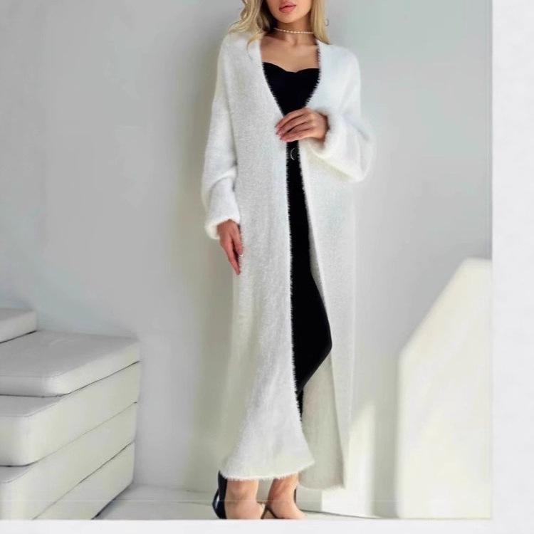 Women's White Long Knitted Over-the-Knee Cardigan - Imitation Mink Velvet