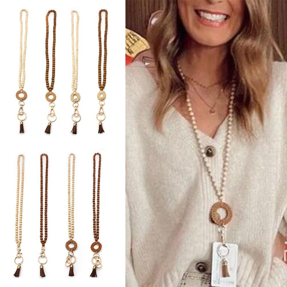 Charm Gift ID Badge Necklace Long Key Chains Accessory Beaded Lanyard Rattan Wood Bead Lanyard