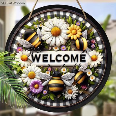 Garden Decoration, Wooden Hanging Decorative Signs, "welcome" Logo, Small Daisy and Bee Patterns, 2D Graphic Products, Housewarming Gifts for Friends