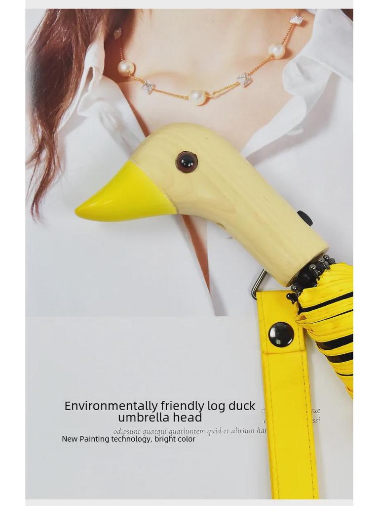 Cartoon Duck Umbrella: Semi-Automatic, Multi-Color, Black Plastic, Wooden Handle, Cute Yellow Duck Design