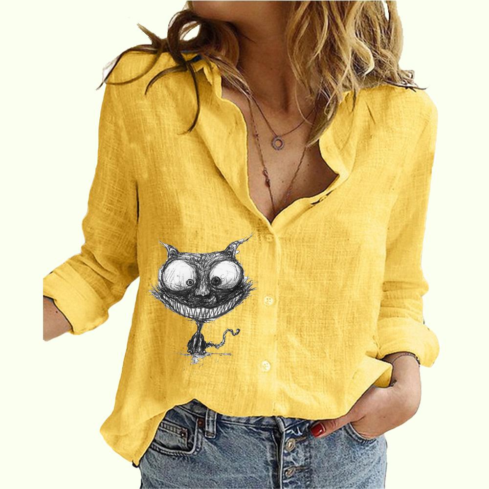 Women Fashion Buttoned Long Sleeve Shirt Ladies Casual Thin Cotton Linen Top Cat Print Long Sleeved Blouse