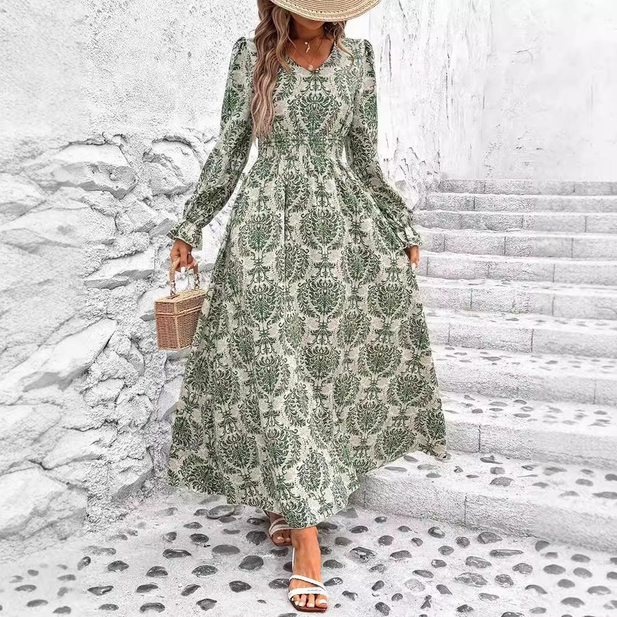Autumn Sale Women's Printed V-Neck Long Sleeve Maxi Dress