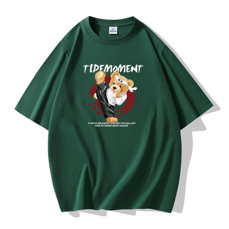 

Мужская хлопковая футболка с короткими рукавами Kung Fu Bear, большой размер, свободная футболка S темно-зеленого