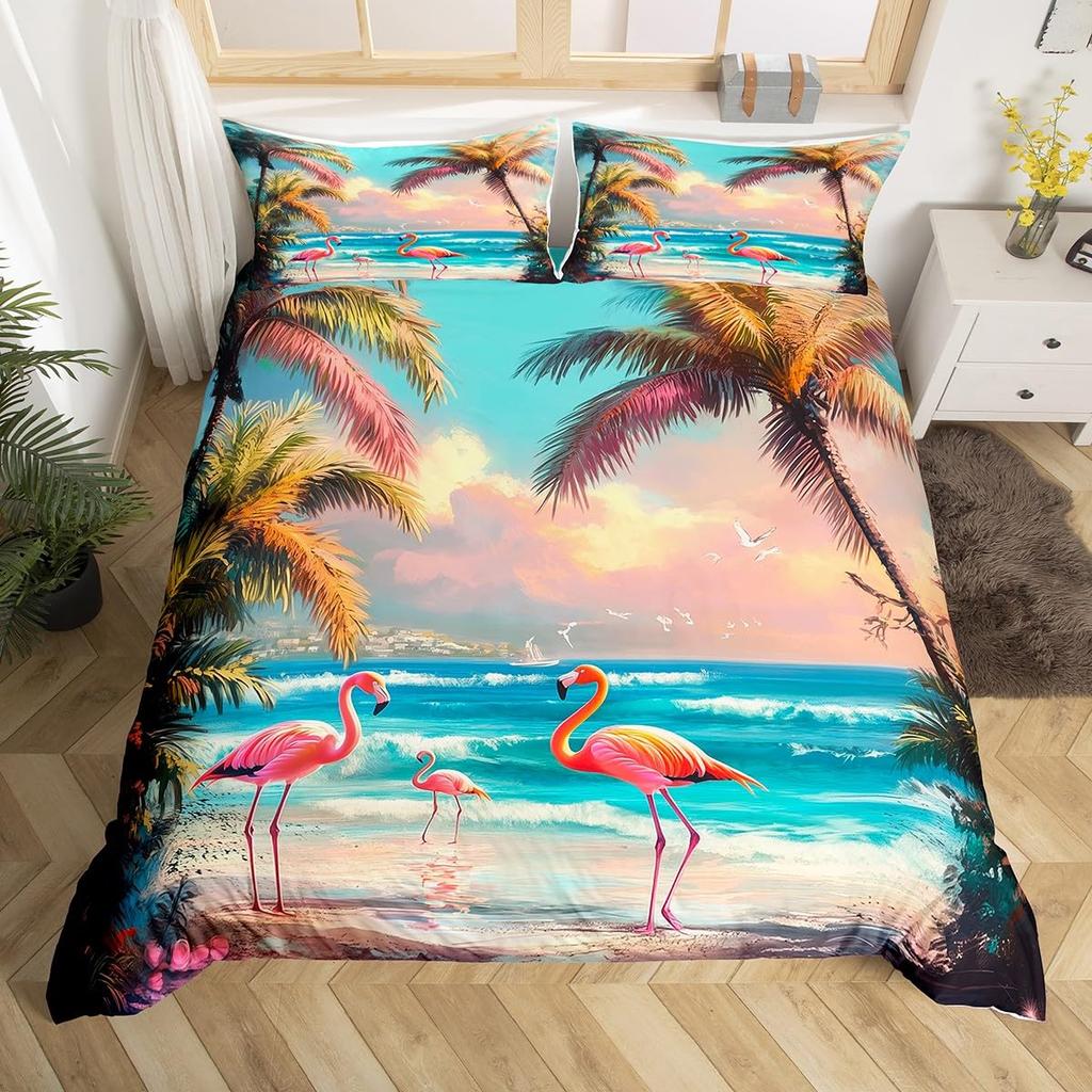 Chic Flamingo Duvet Cover Queen Beach Theme Tropical Animal Bedding Set, Coastal Sunset Comforter Cover Cute Wildlife Bed Set