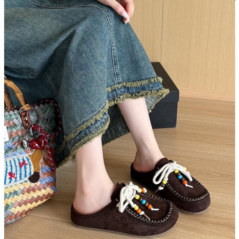 Fashion Retro Suede Fabric Slippers Women's Summer Beaded Casual Flat Shoes 2025 New Thick Slip On Mueller Slides Female Daily Loafers
